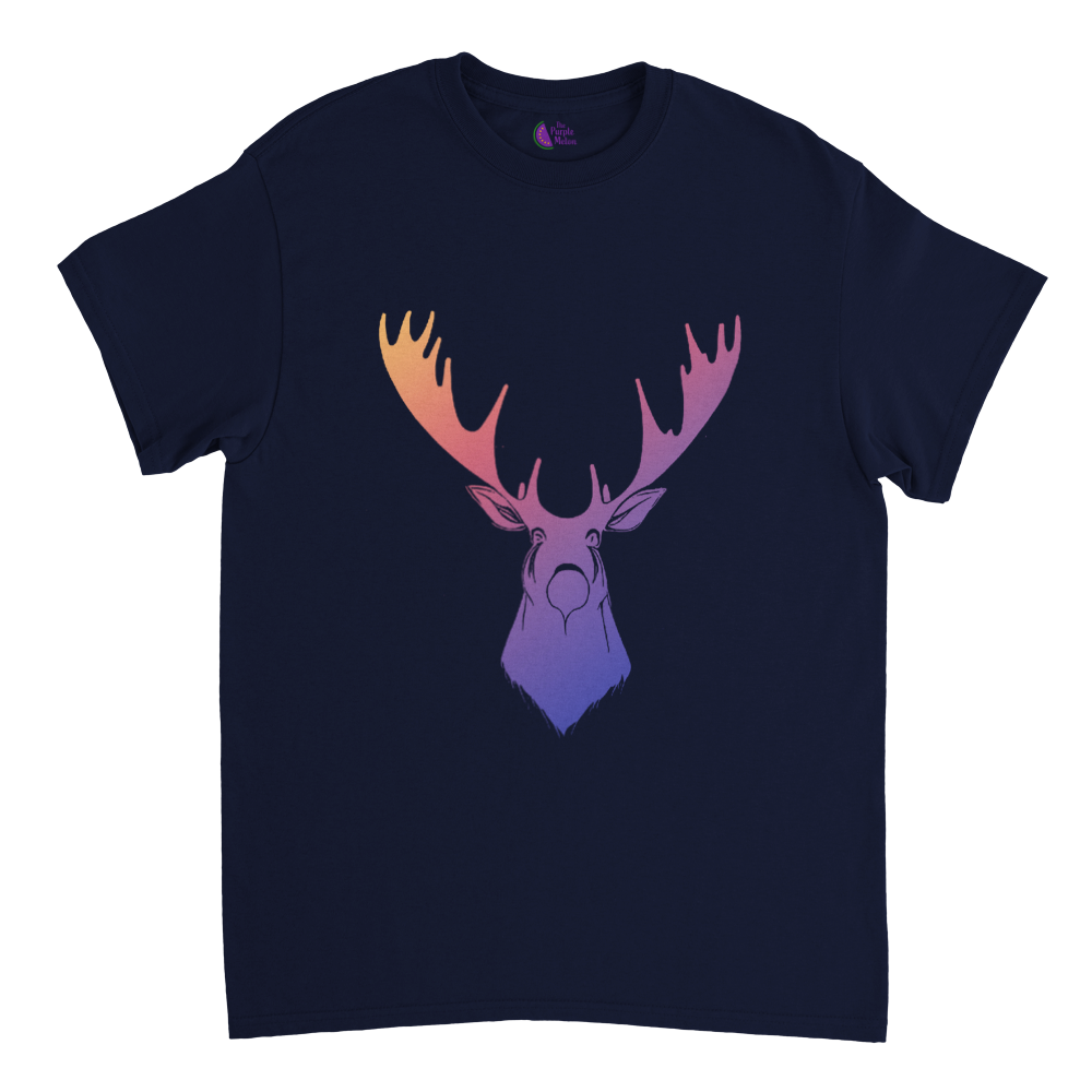 navy blue t-shirt with a rainbow moose print
