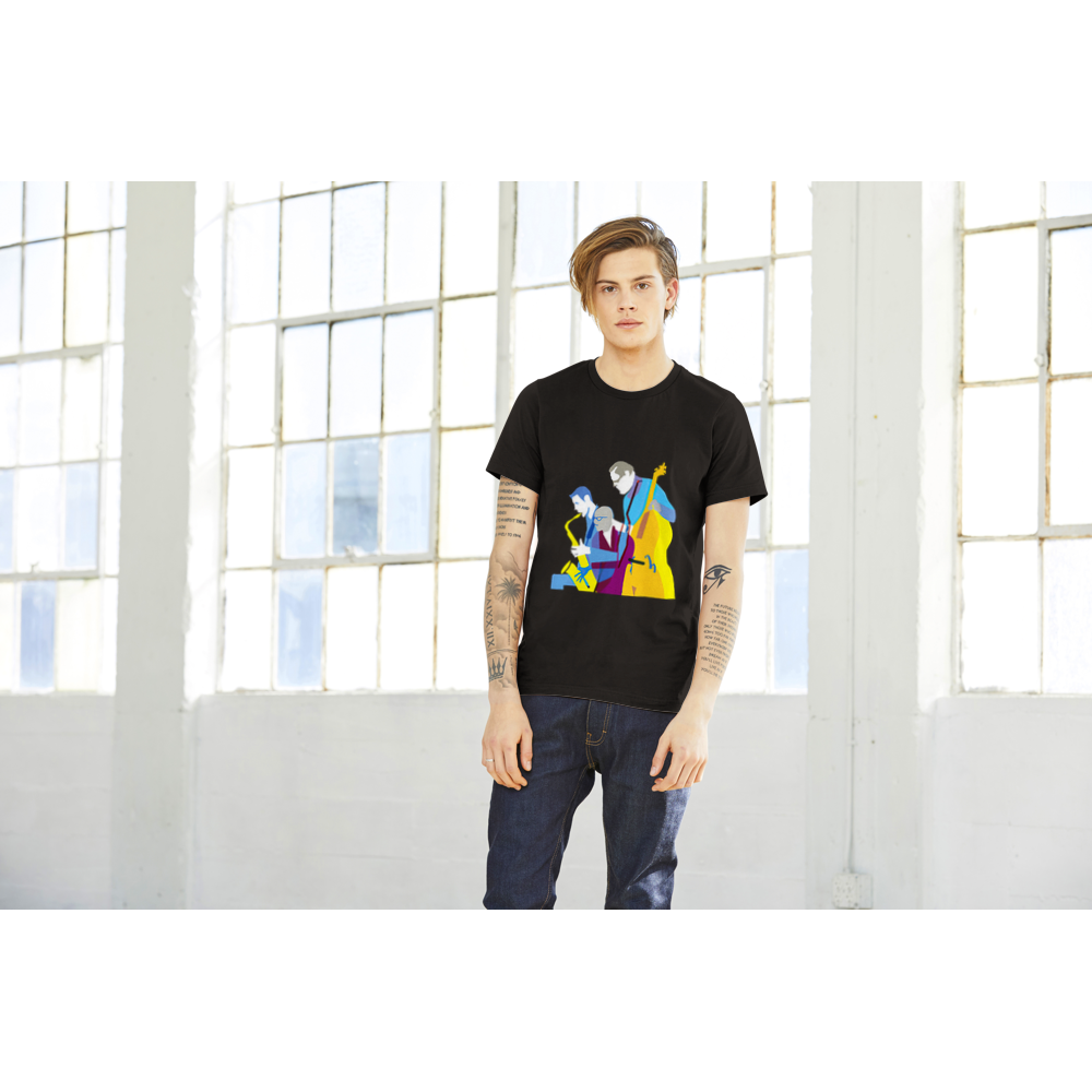 a guy wearing a black t-shirt with a jazz trio print