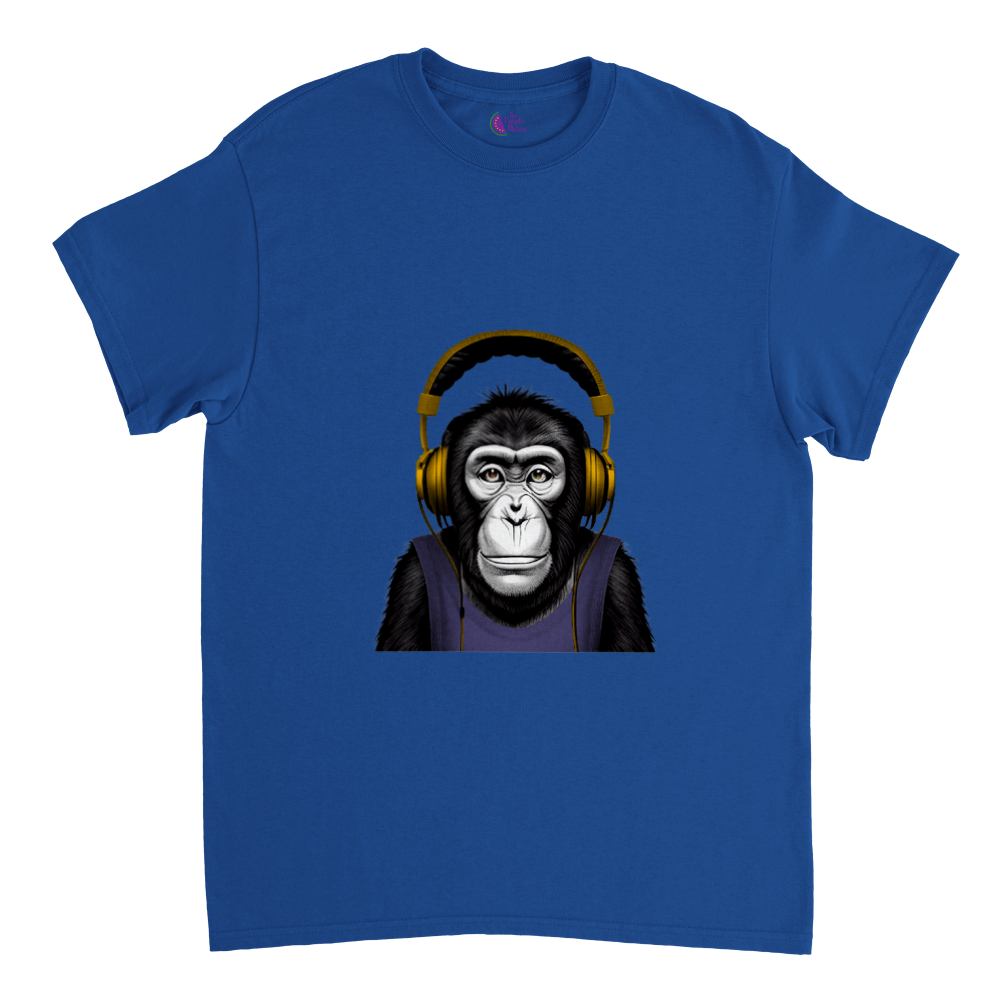 royal blue t-shirt with a chimp wearing headphones listening to music print
