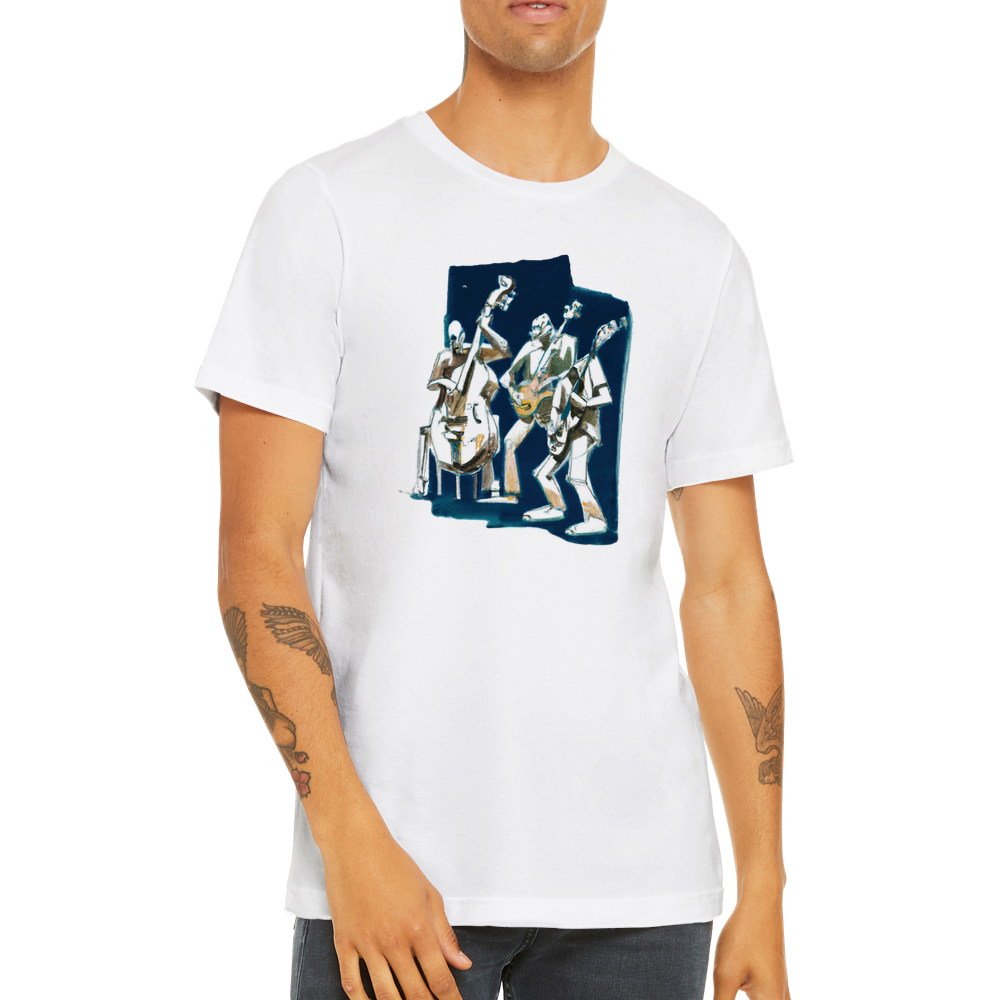 Man wearing a white t-shirt with the print of a jazz trio on the front