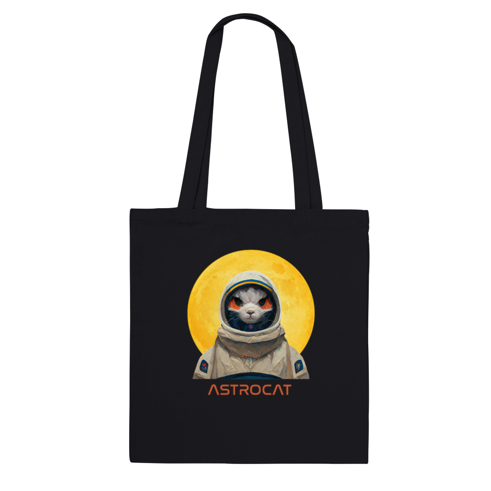 Eco-friendly tote bag with astronaut cat design; Canvas tote featuring whimsical space cat artwork