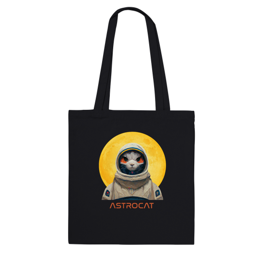 Eco-friendly tote bag with astronaut cat design; Canvas tote featuring whimsical space cat artwork