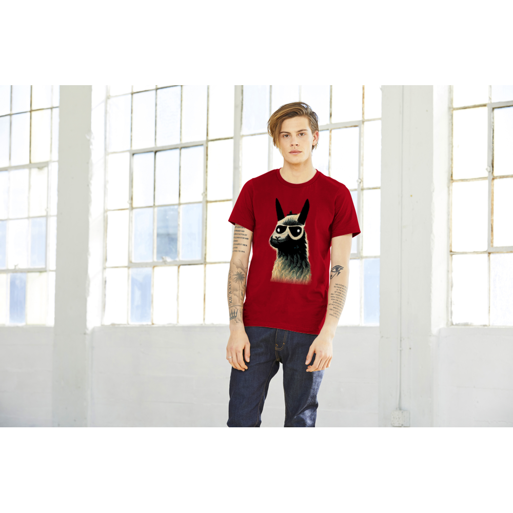 guy wearing a red t-shirt with a llama wearing sunglasses print