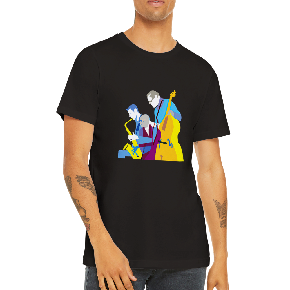 a guy wearing a black t-shirt with a jazz trio print