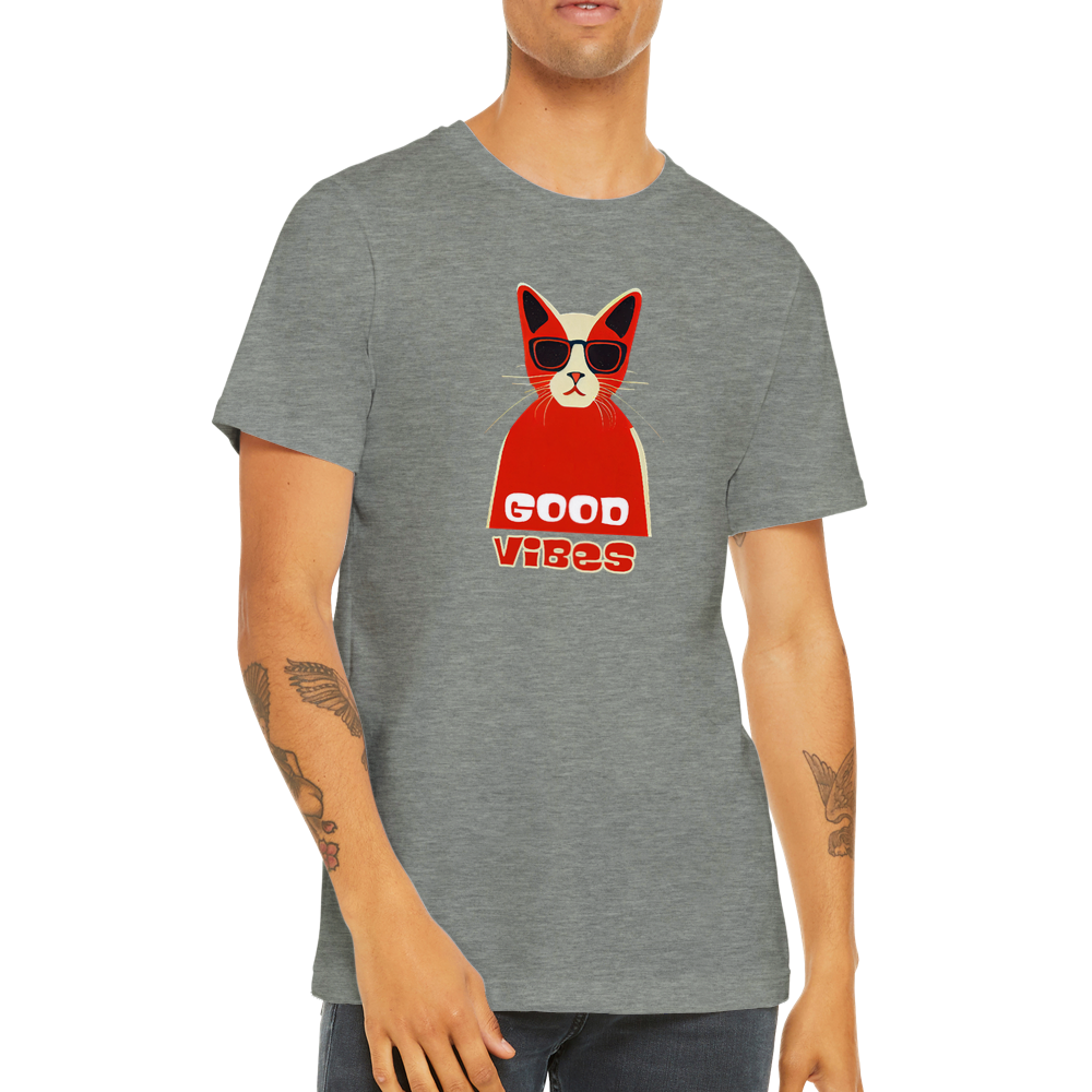 A grey t-shirt with a cool good vibes cat print