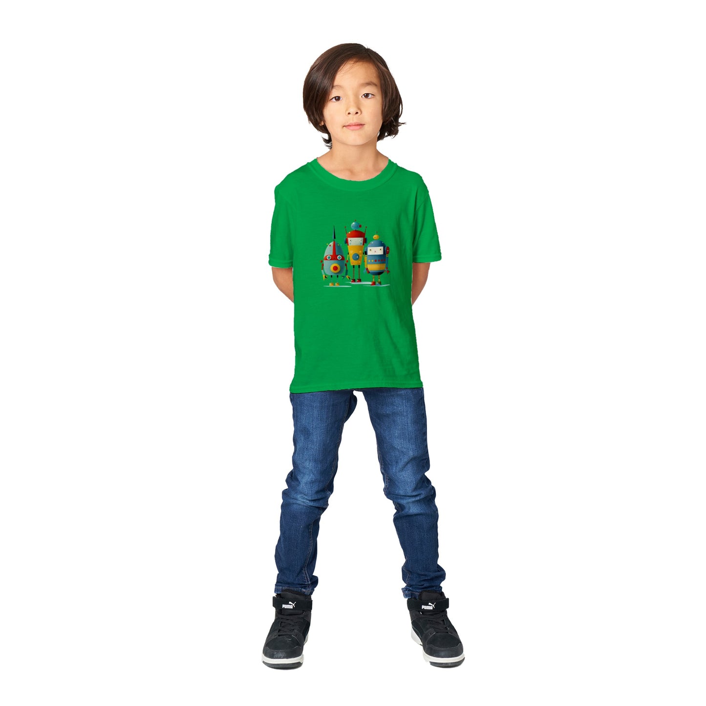 Green kids t-shirt with 3 retro robots