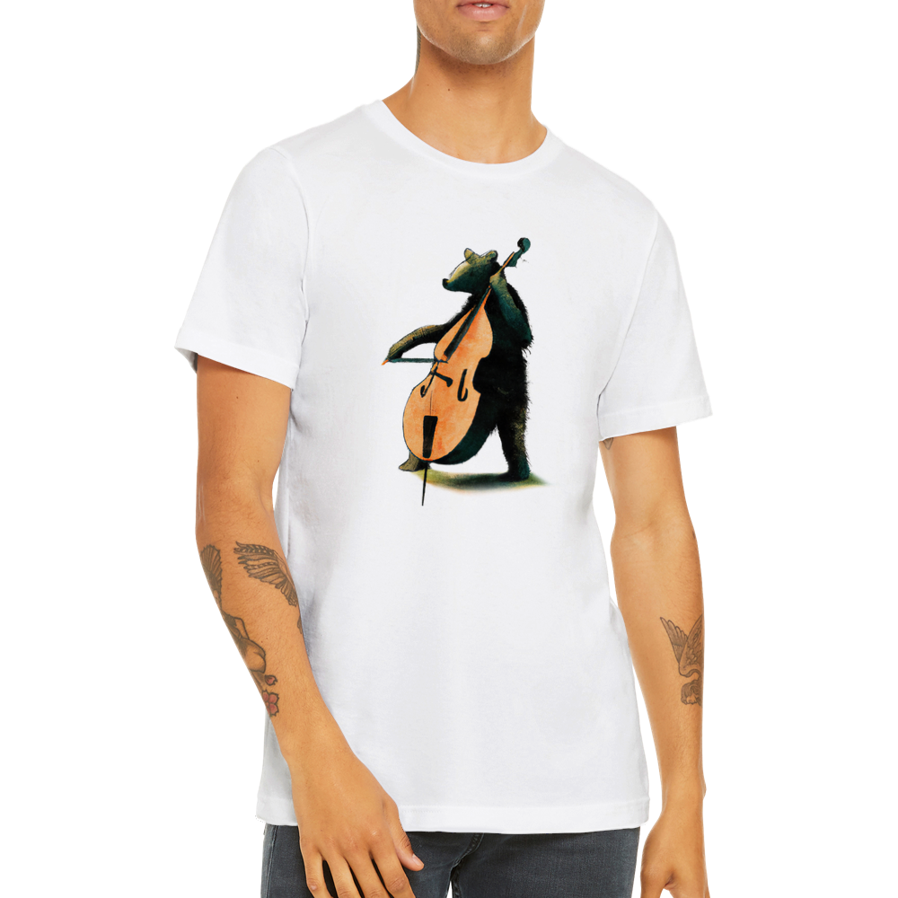 musician wearing a white t-shirt with a bear playing the double bass print