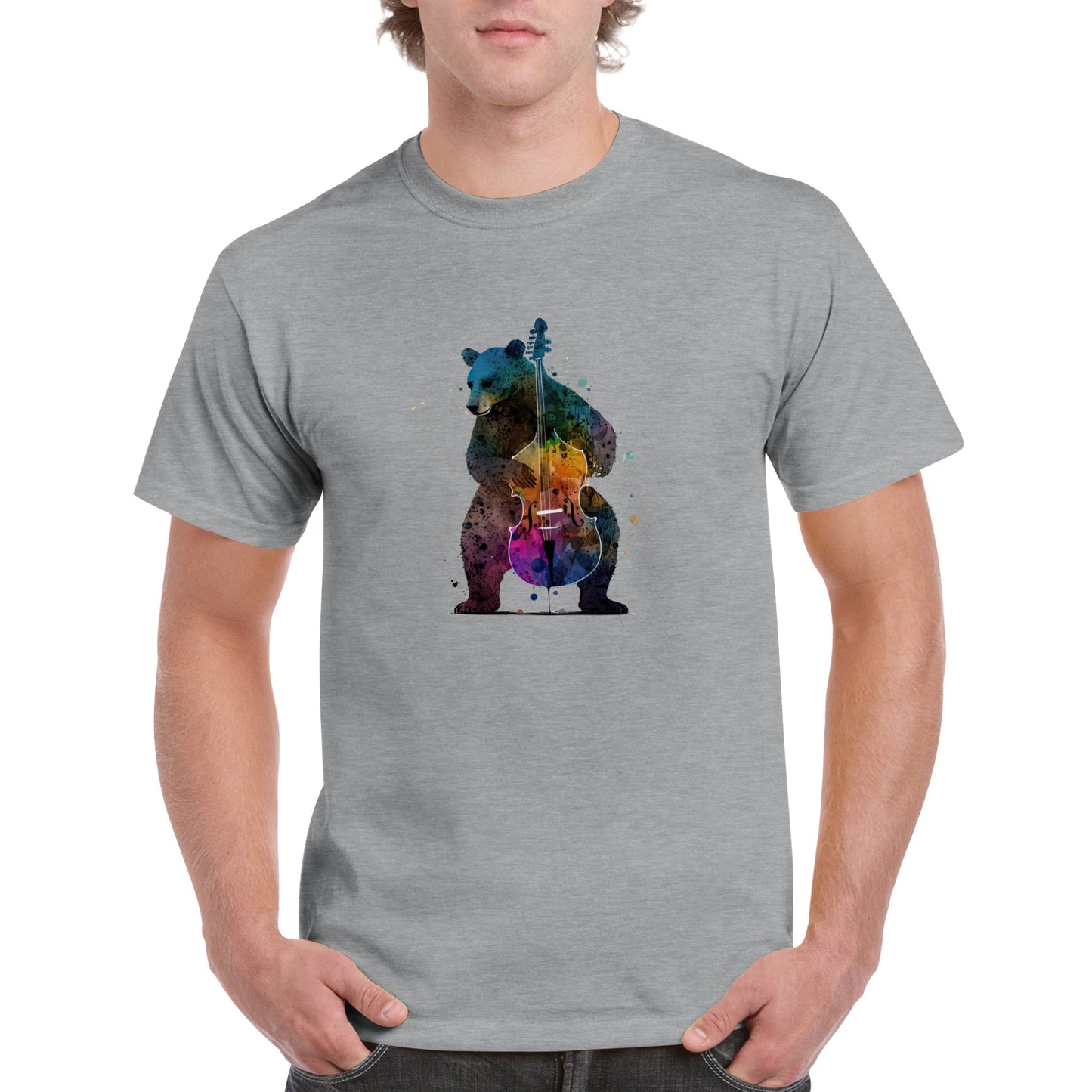 guy wearing a grey t-shirt with a bear playing a colourful double bass
