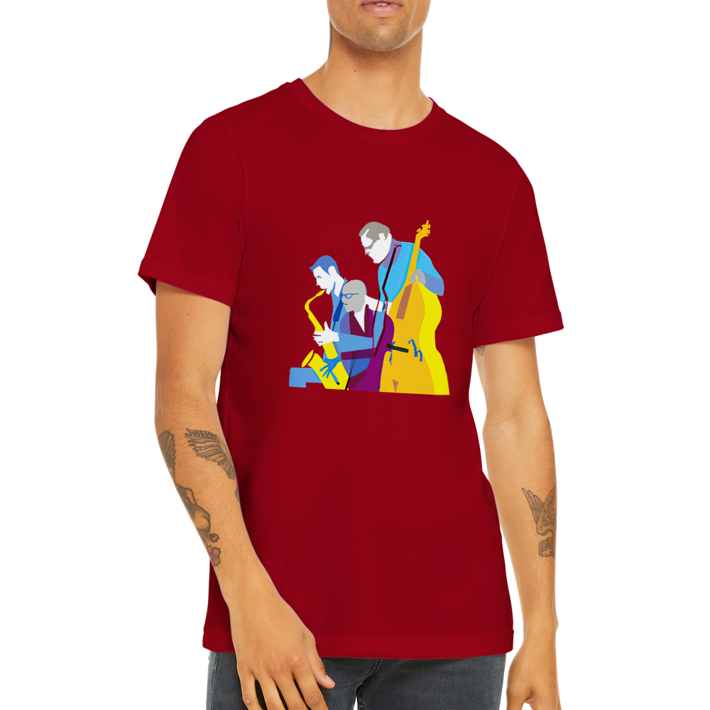 a guy wearing a red t-shirt with a jazz trio print
