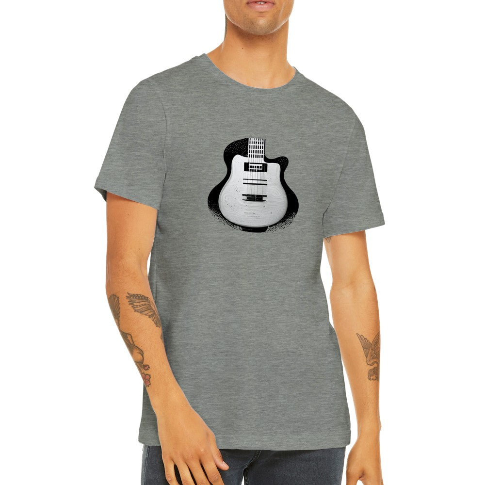 Guy wearing a grey t-shirt with Black and White Pop-Art Guitar Print