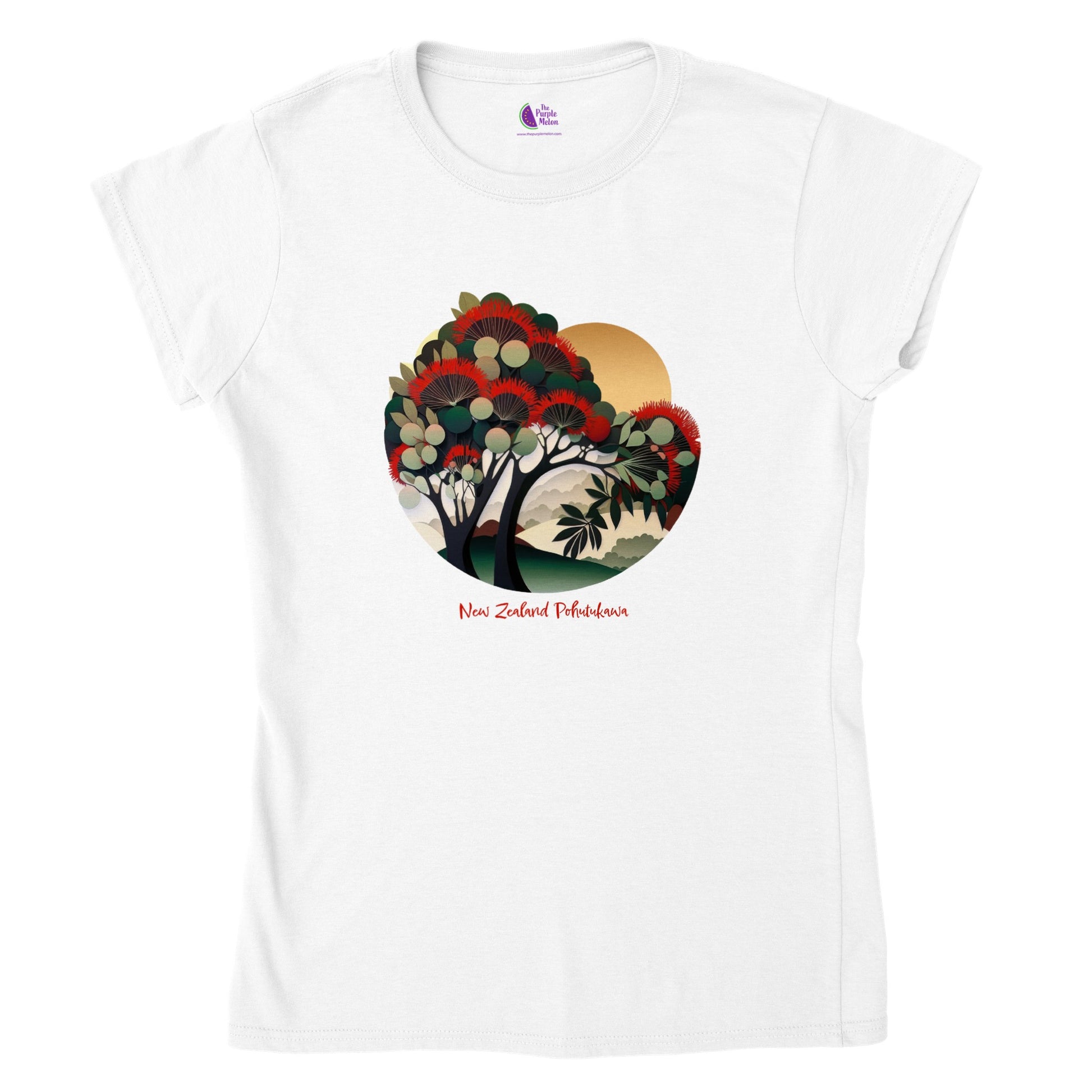 White t-shirt with a new zealand pohutukawa tree print