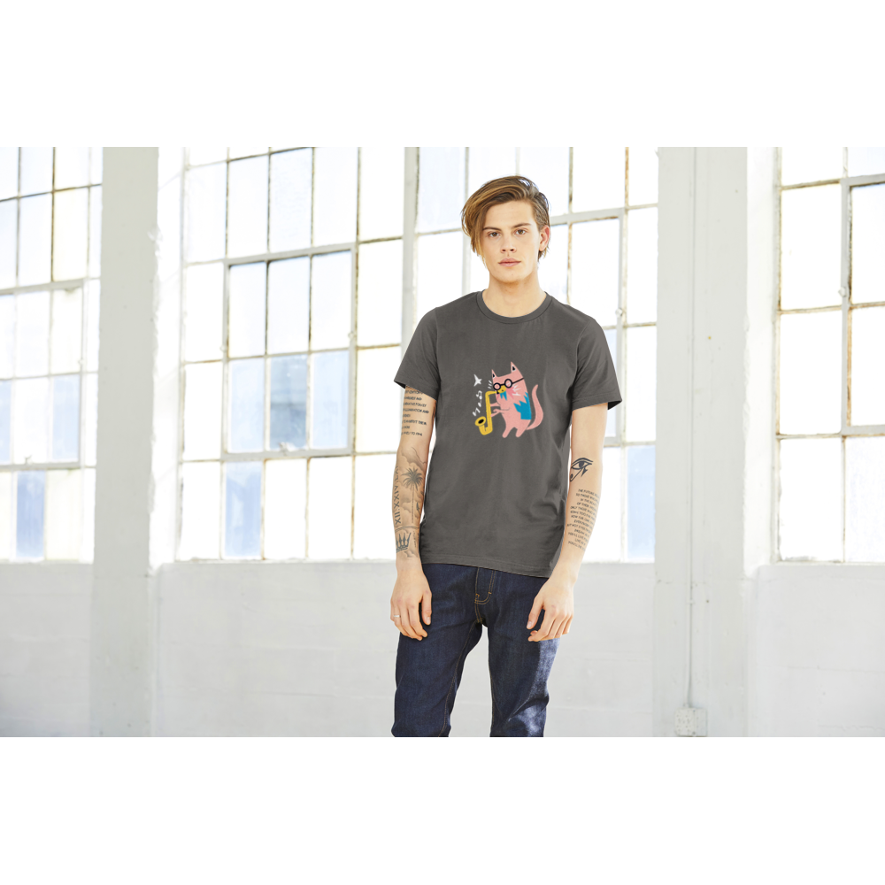 Pink Cat Playing a Saxophone Premium Unisex Crewneck T-shirt.