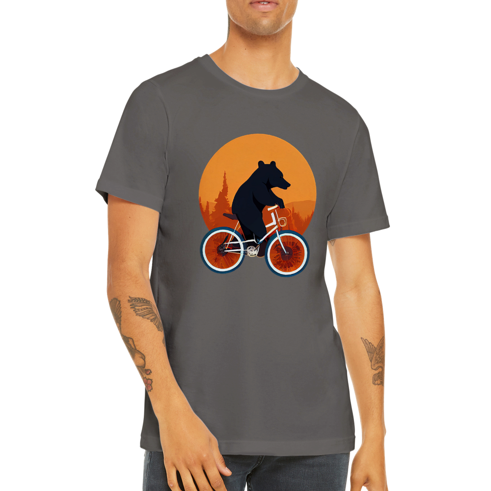 A guy  wearing a grey t-shirt with a bear riding a bike print