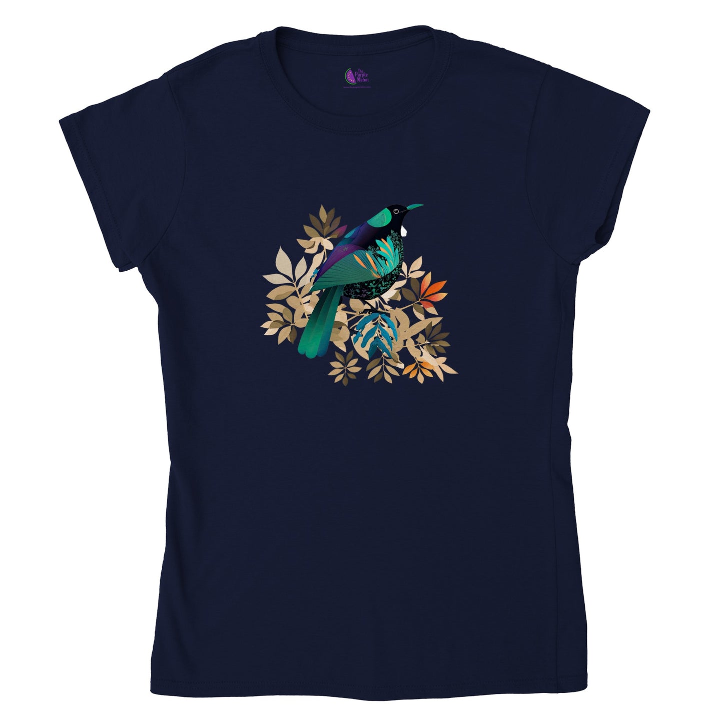 Navy t-shirt with a contemporary new zealand tui bird print