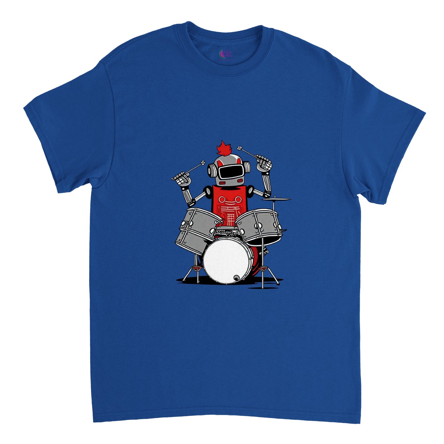 Blue t-shirt with a robot playing the drums graphic