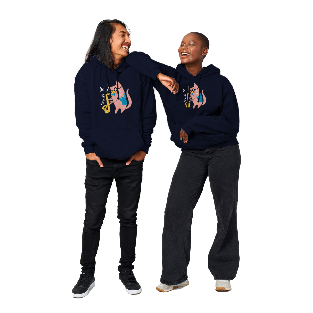Pink Cat Playing a Saxophone Premium Unisex Pullover Hoodie.