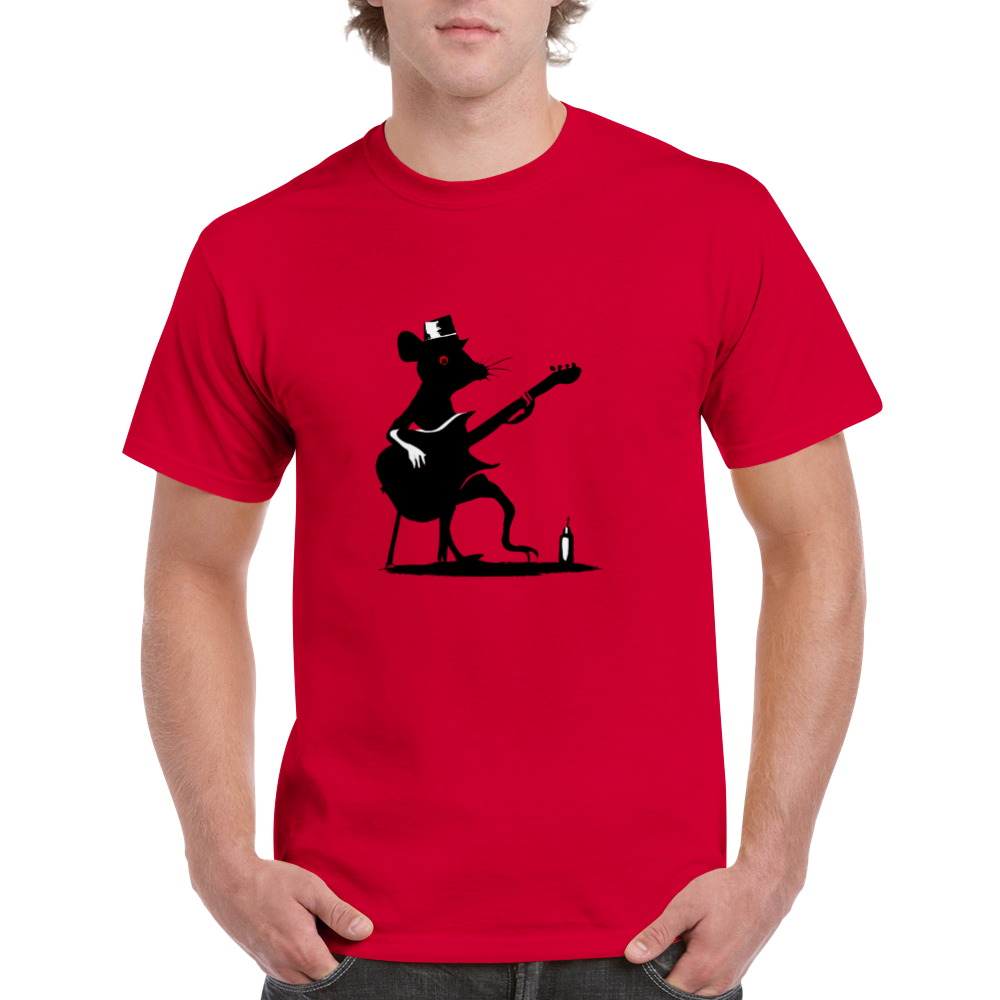 guy wearing a red t-shirt with a rat playing guitar print