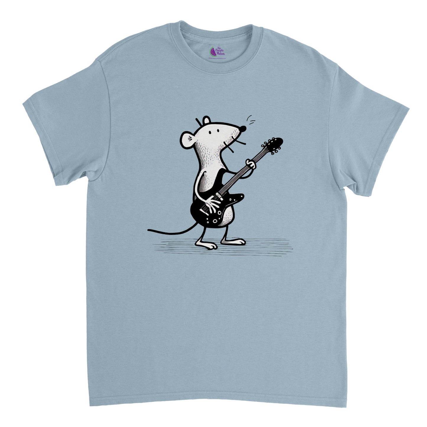 Light Blue t-shirt with a mouse playing guitar print