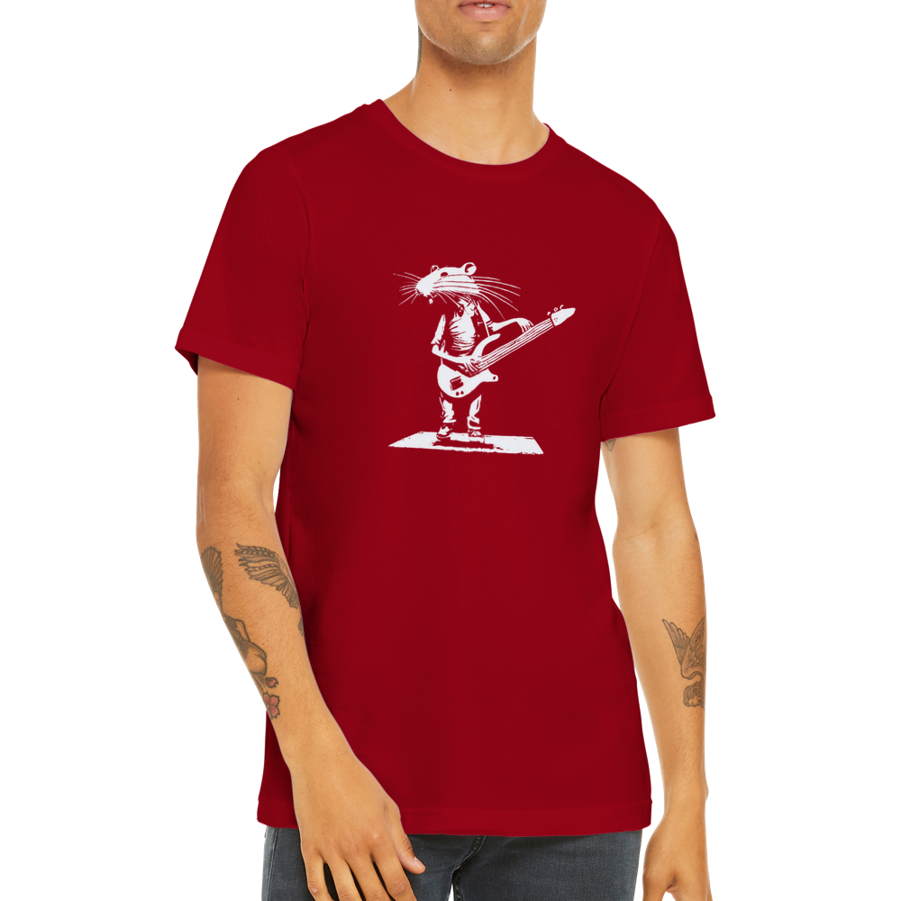 Guy wearing a red t-shirt with a rat playing bass guitar print