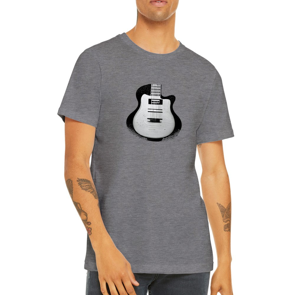 Guy wearing a grey t-shirt with Black and White Pop-Art Guitar Print