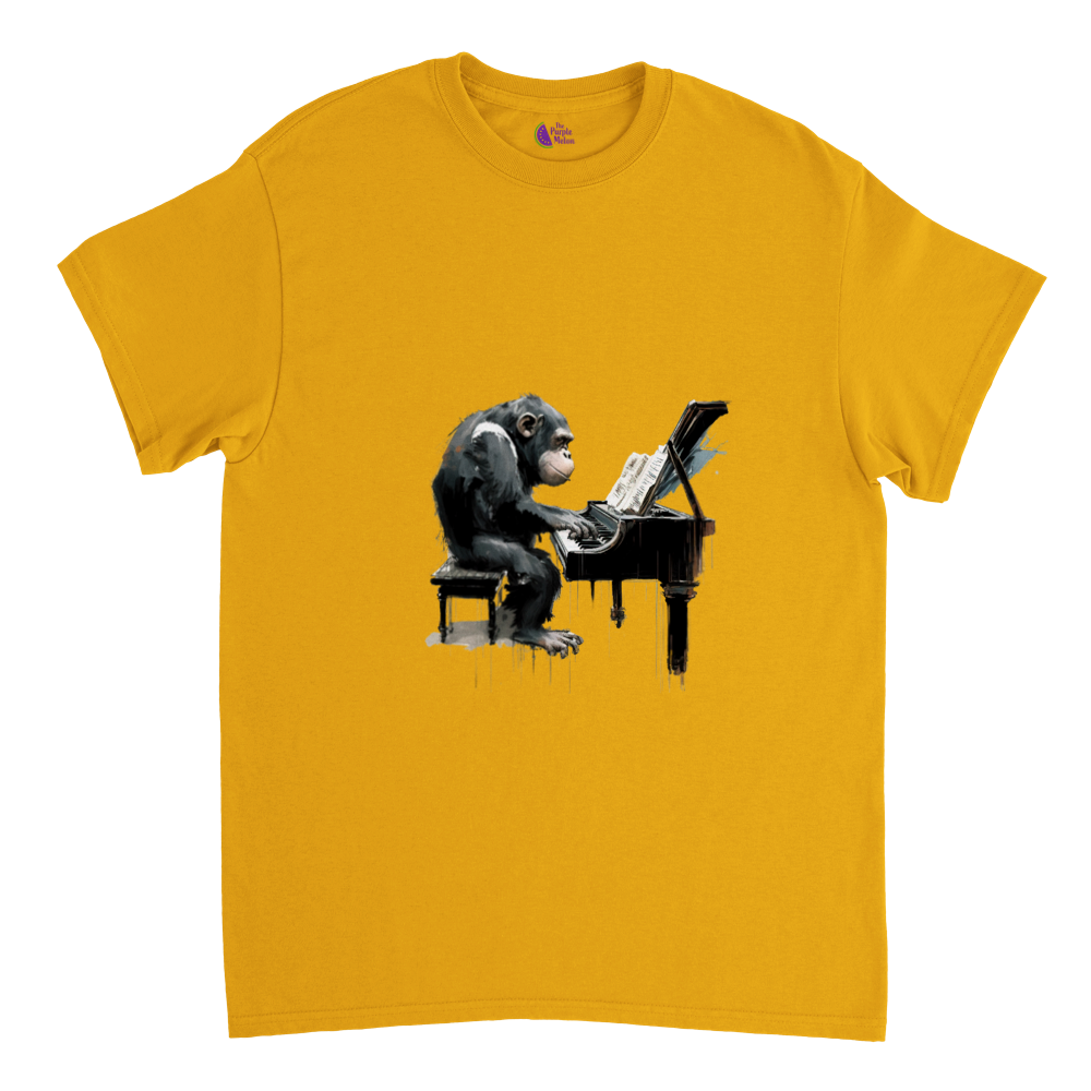 Gold t-shirt with a chimp playing the piano print