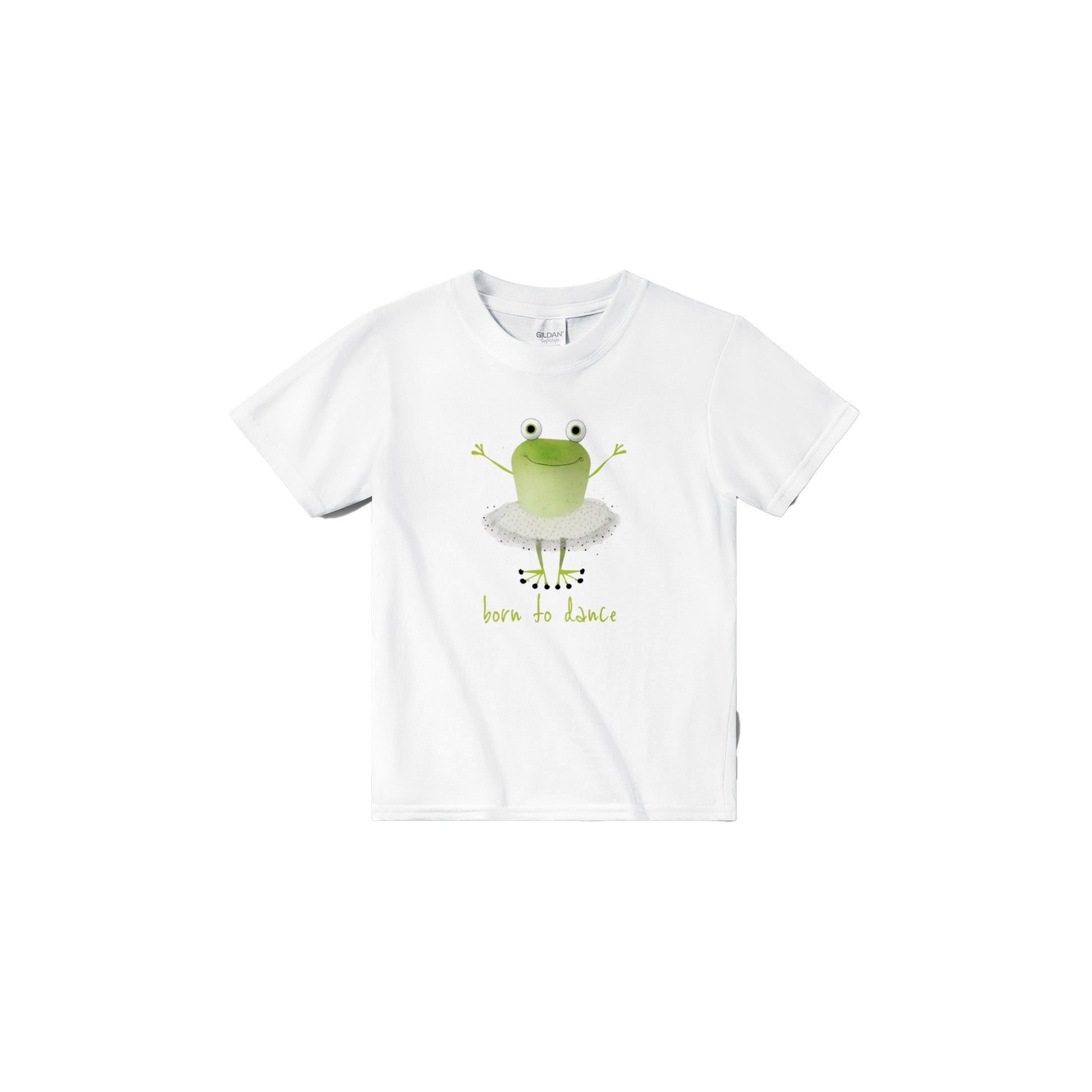 kids white t-shirt with born to dance frog ballerina print