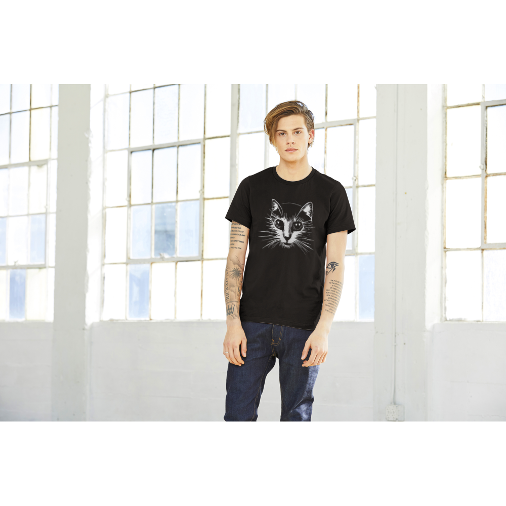 man wearing a black t-shirt with a cat print