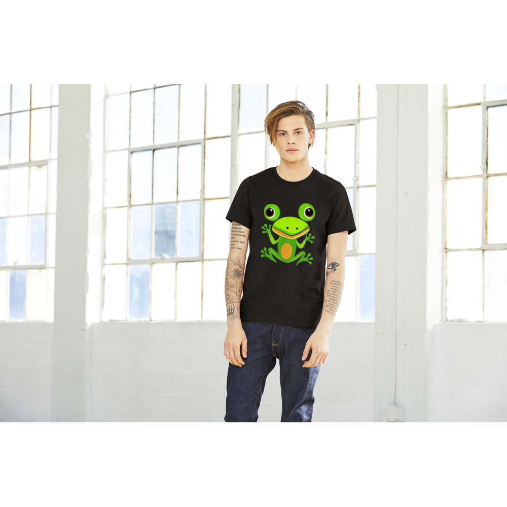 guy wearing black t-shirt with cute fromg print