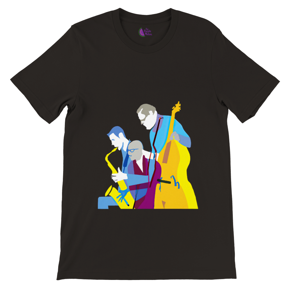 black t-shirt with a jazz trio print