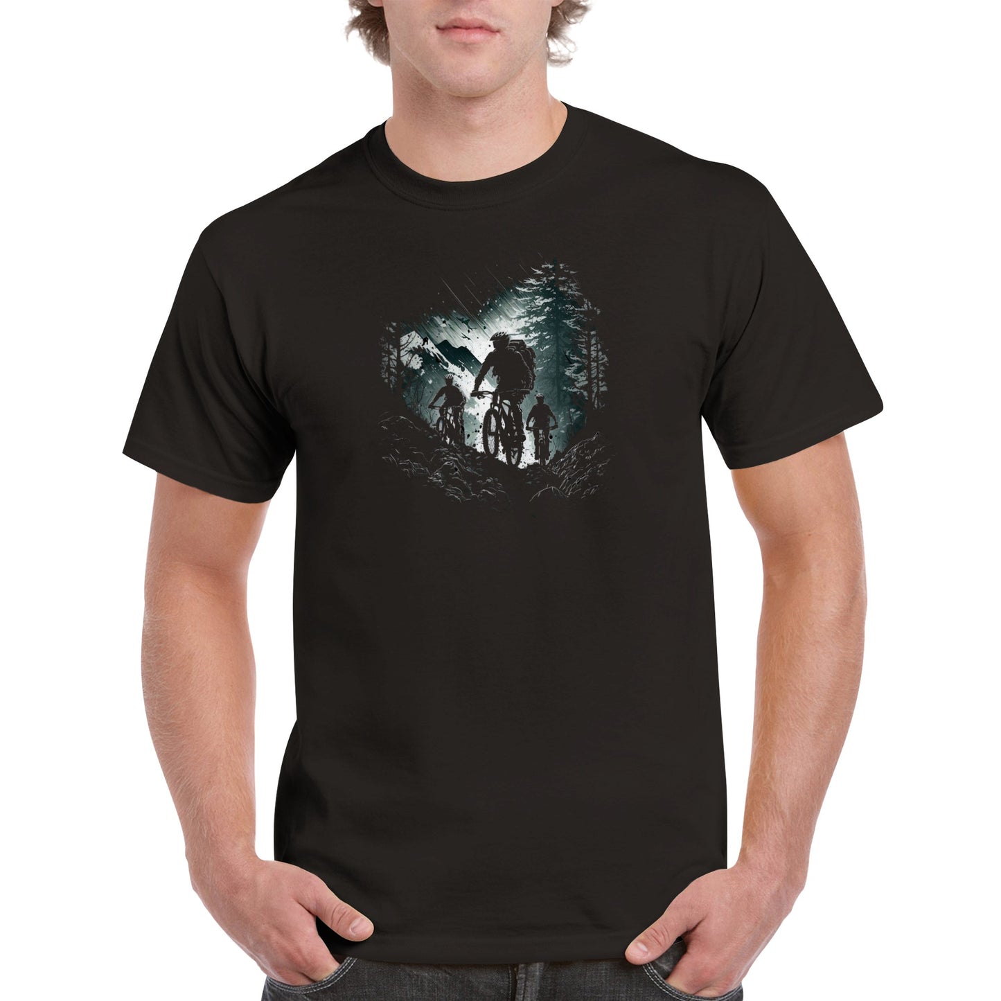 Man wearing a black t-shirt with a mountain bike print