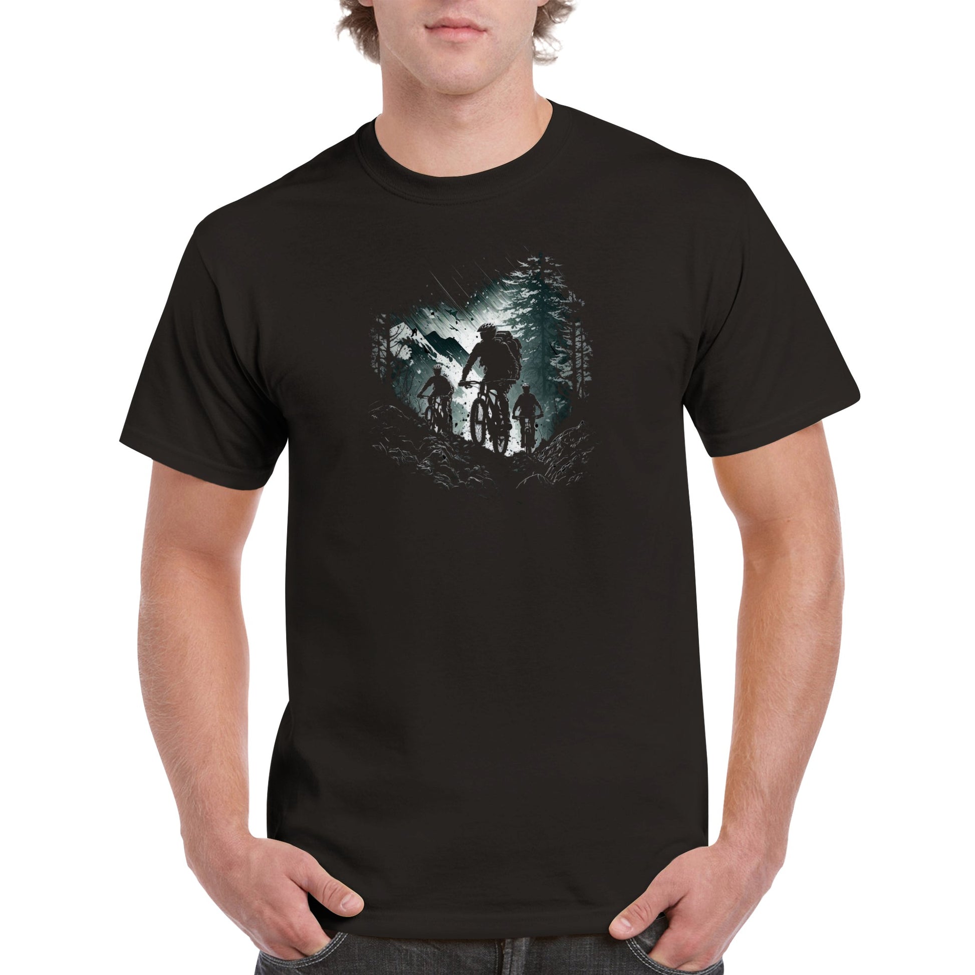 Man wearing a black t-shirt with a mountain bike print