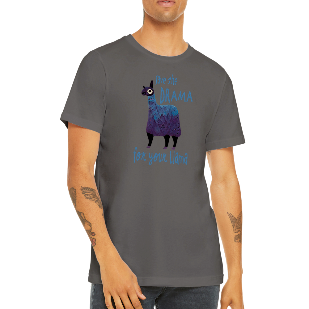 Guy wearing a grey t-shirt with the caption Save the Drama For Your Llama and cute llama graphic.