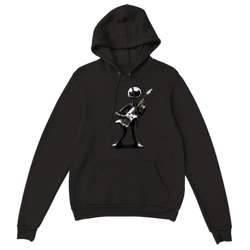 A guy holding a guitar wearing a black hoodie with an alien guitarist print on the front