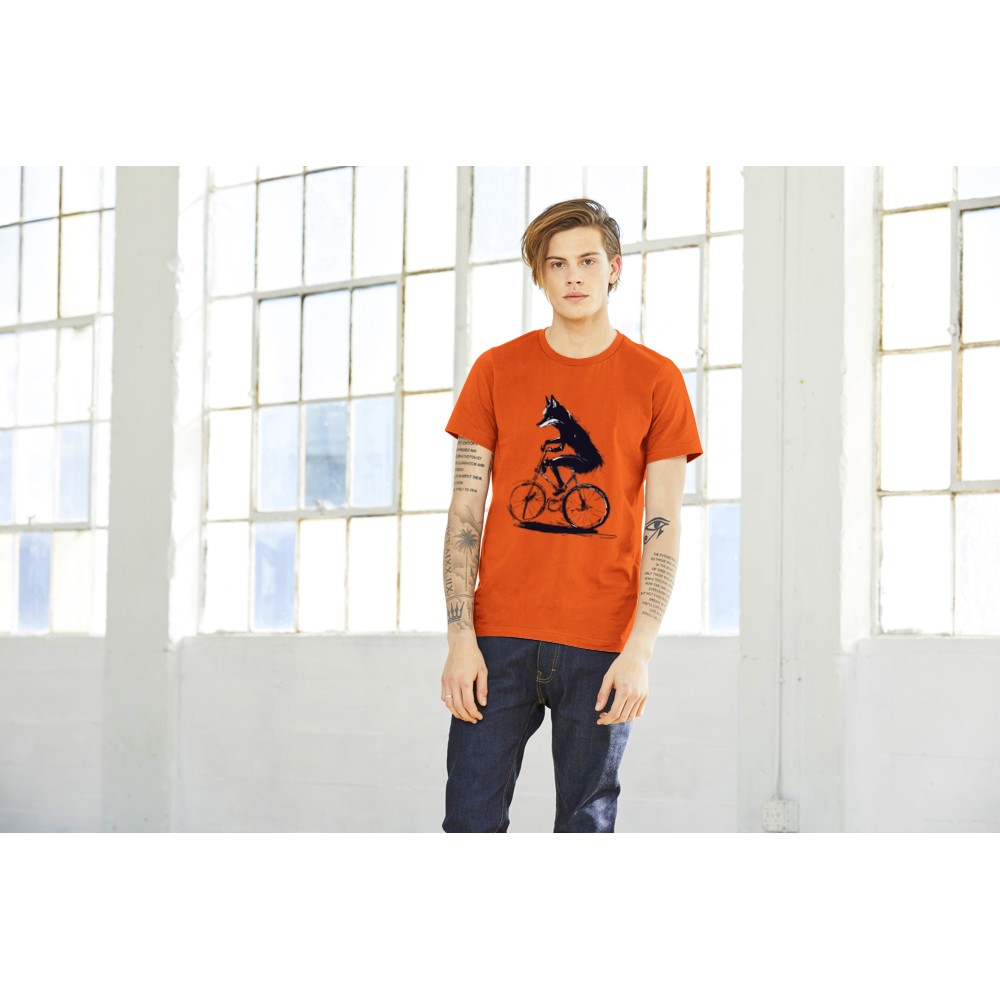 Guy wearing an orange t-shirt with a fox riding a bike print