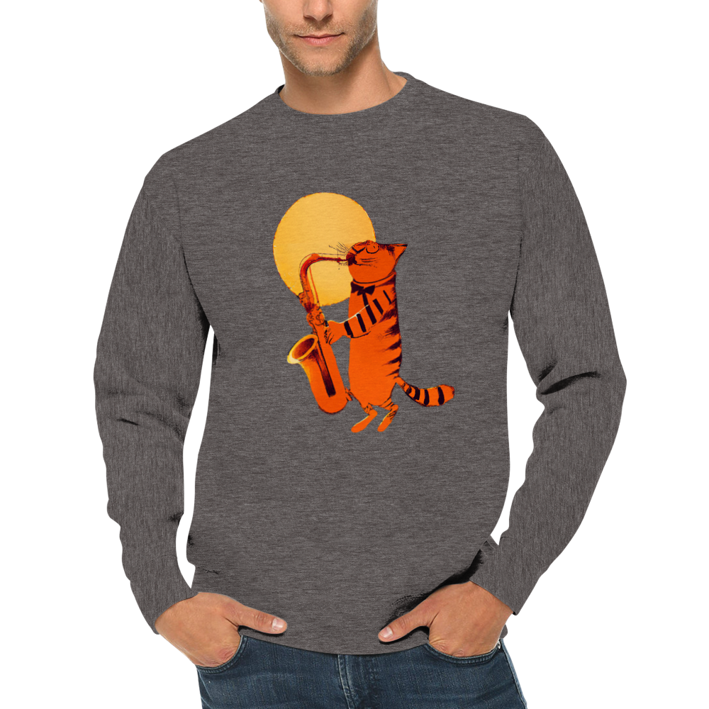 Cat Playing the Saxophone Under the Full Moon Premium Unisex Crewneck Sweatshirt.