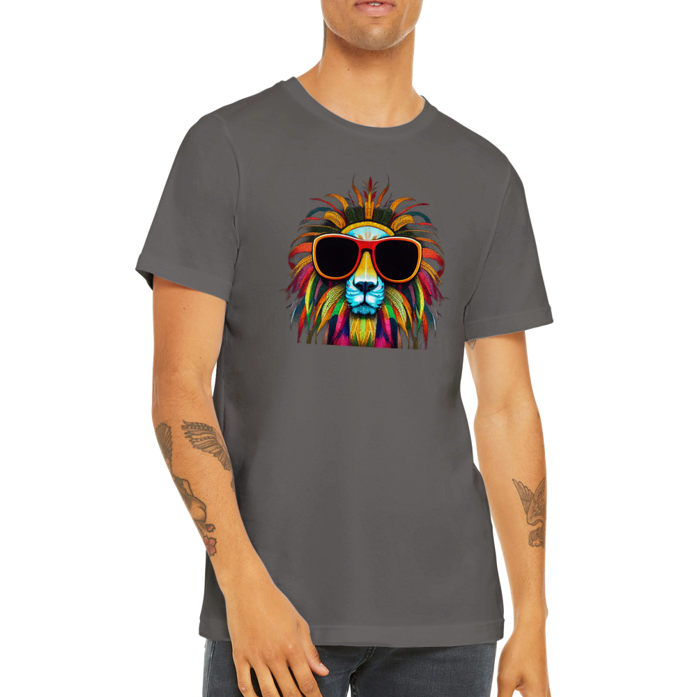 Guy wearing a grey t-shirt with a colourful lion wearing red oversized sunglasses print