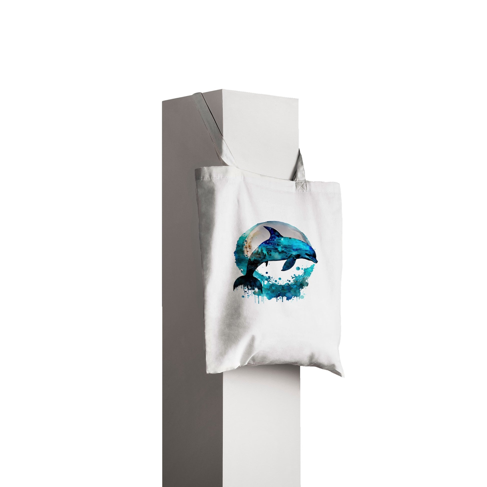 white tote bag with dolphin print