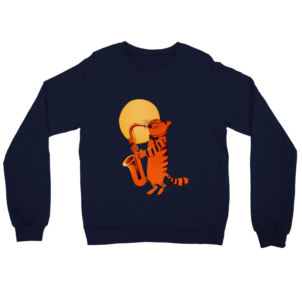 Cat Playing the Saxophone Under the Full Moon Premium Unisex Crewneck Sweatshirt.