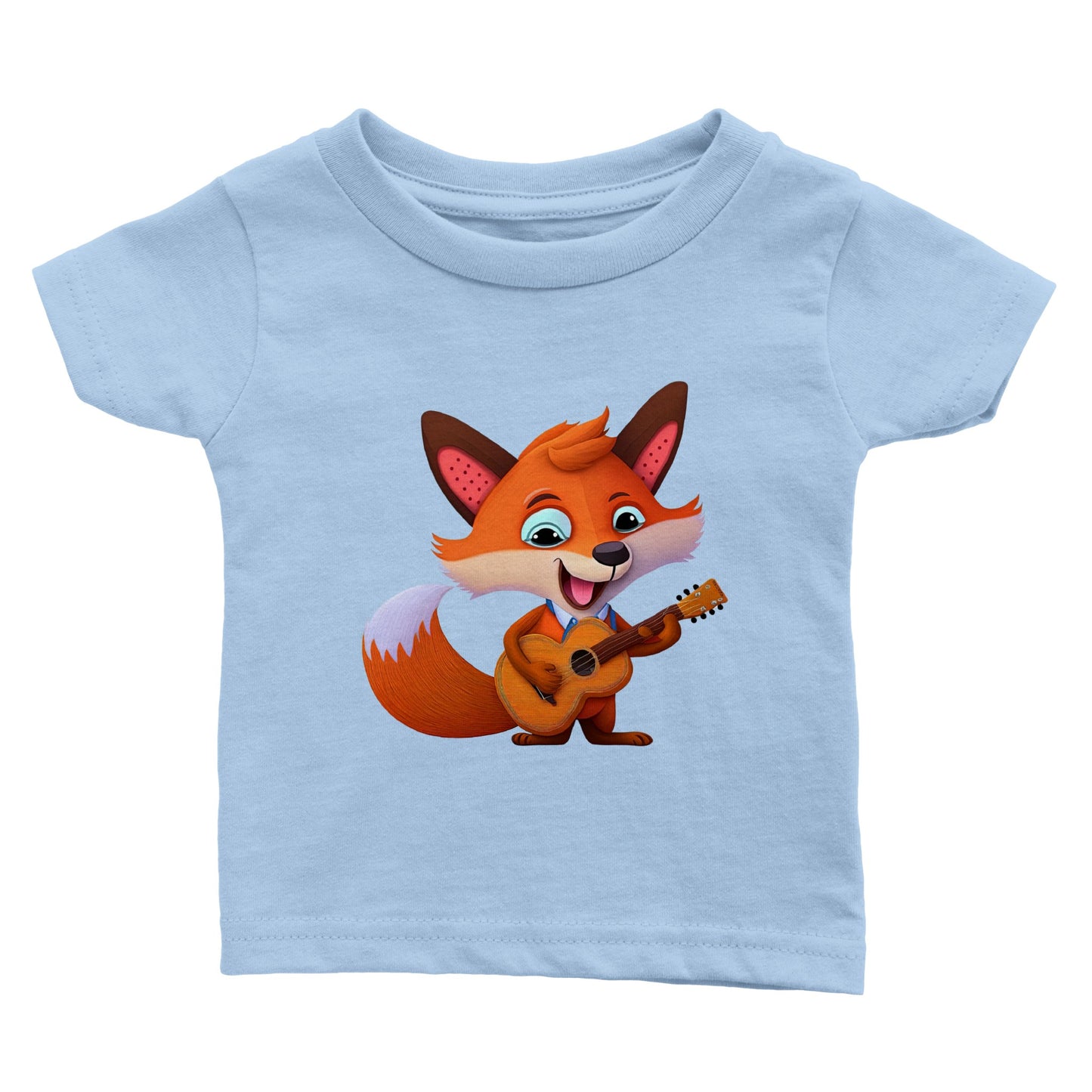 Babies light blue t-shirt with cute fox playing a guitar