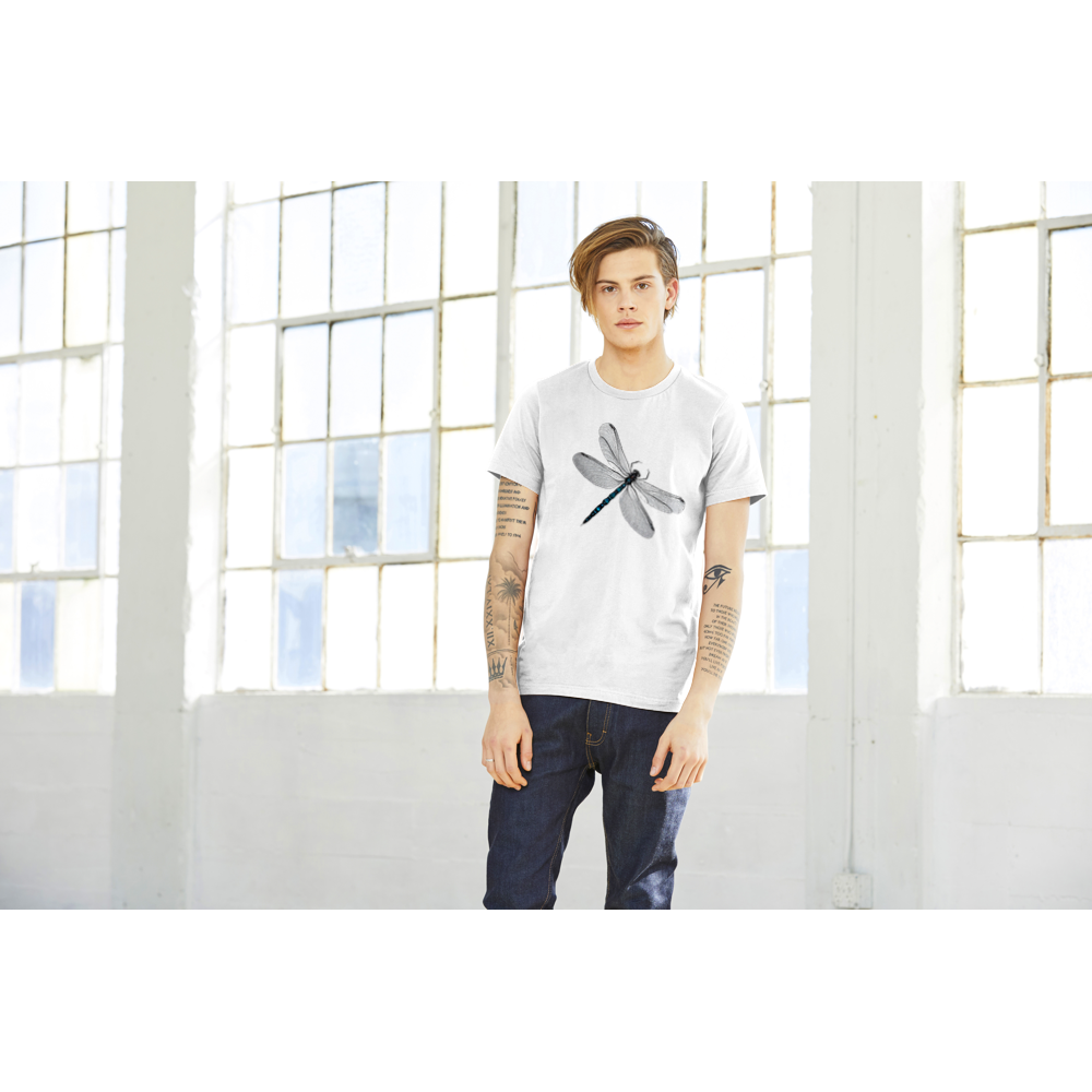 guy wearing a white t-shirt with a dragonfly print