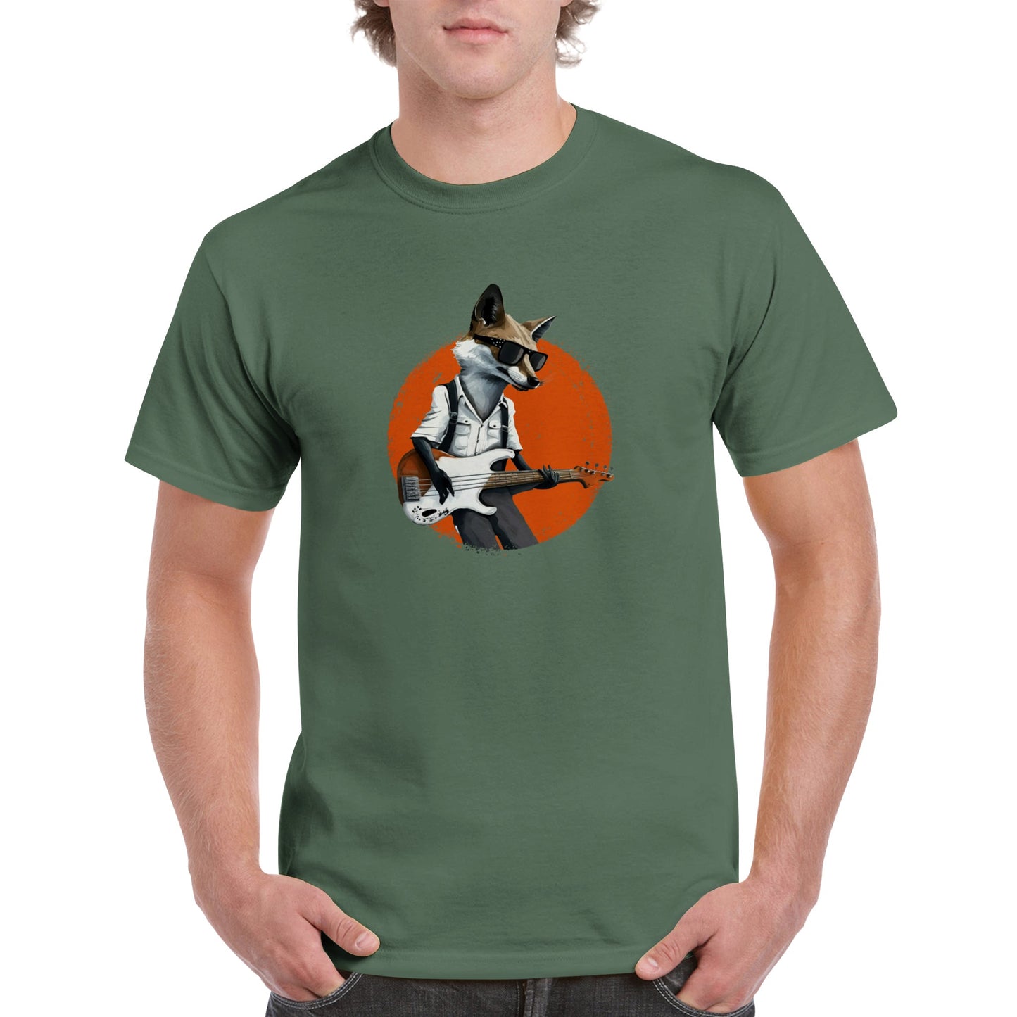 Guy wearing a green t-shirt with a print of a fox in sunglasses playing the bass guitar