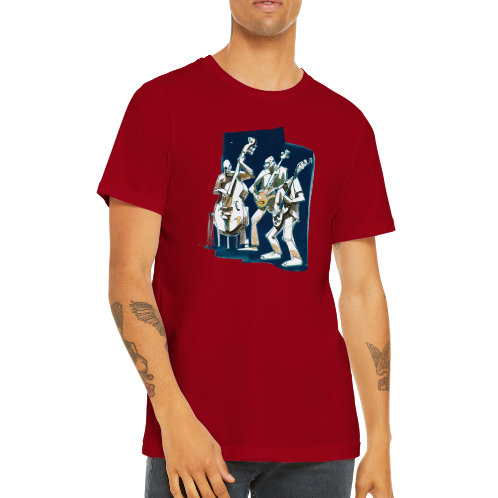 Man wearing a red t-shirt with the print of a jazz trio on the front