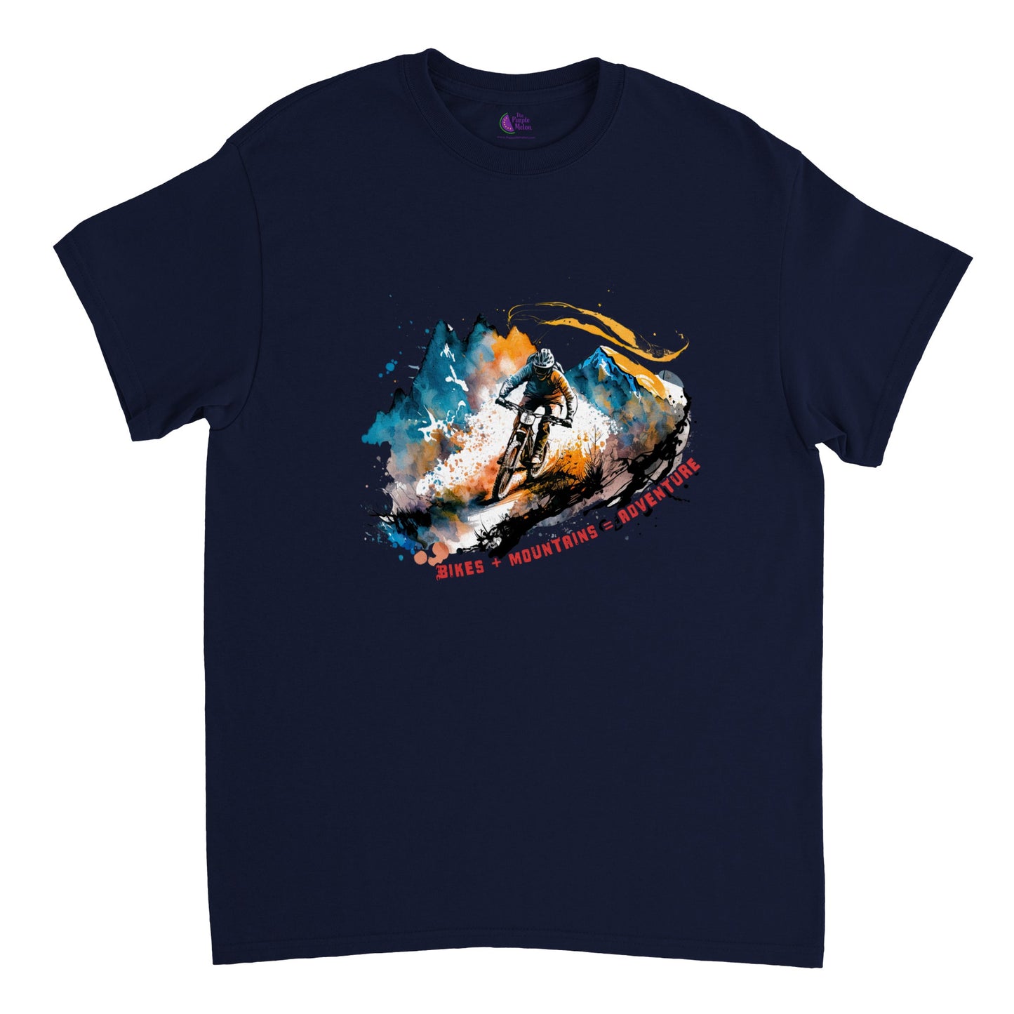 Navy t-shirt with a mountain bike print with the caption Bikes + Mountains = Adventure