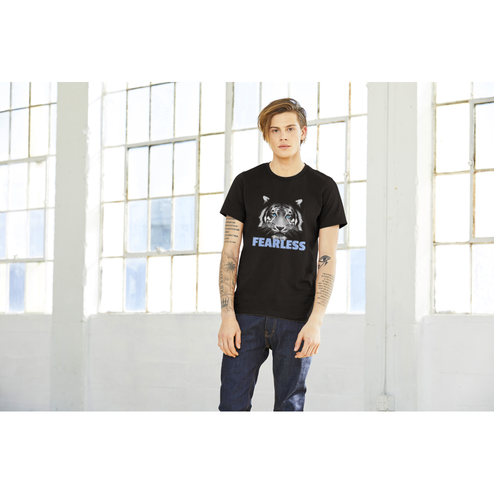 guy wearing a black t-shirt with a tiger print and fearless caption