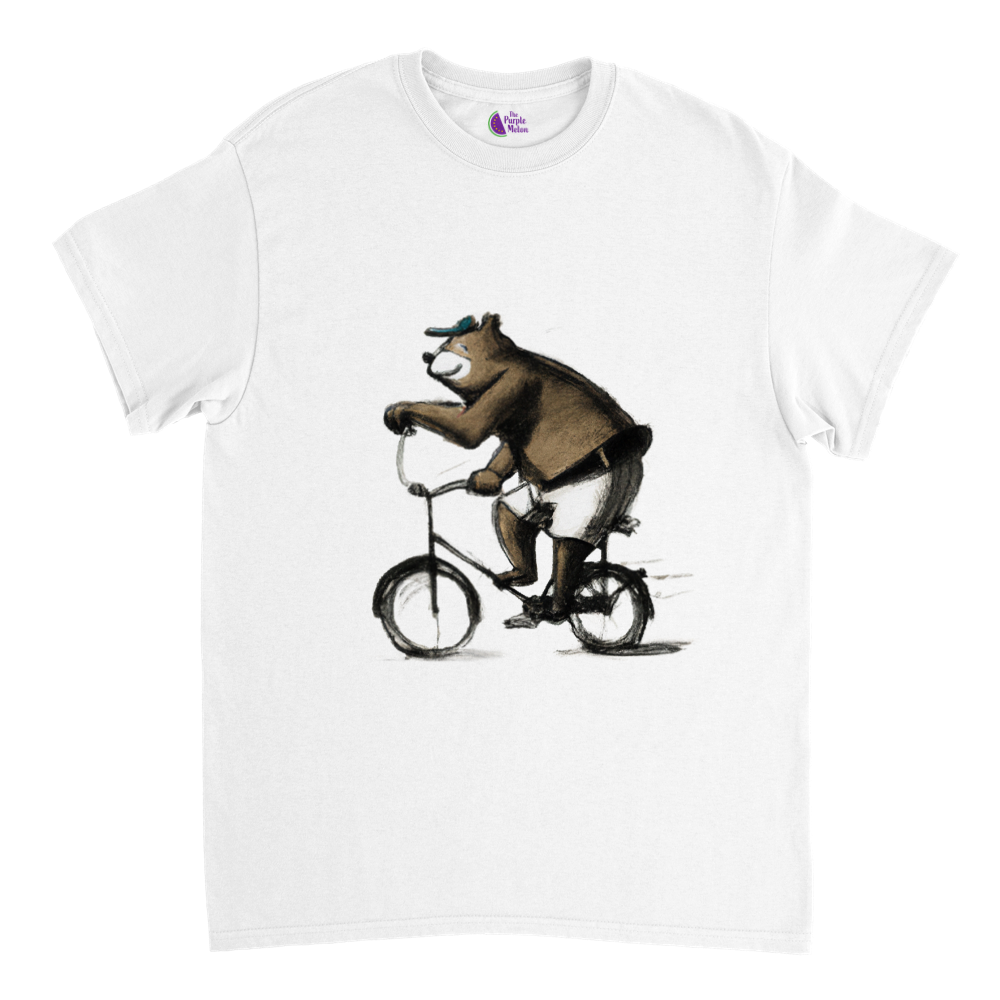 White t-shirt with a bear in shorts and cap riding a bike