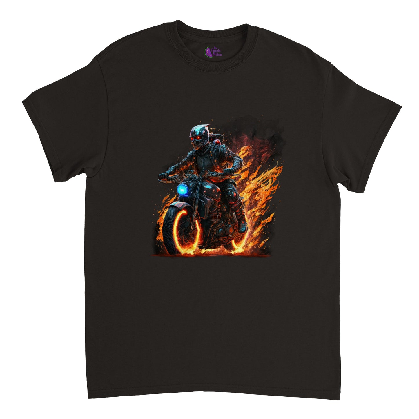 Space Robot on fire riding motorcycle Heavyweight Unisex Crewneck T-shirt