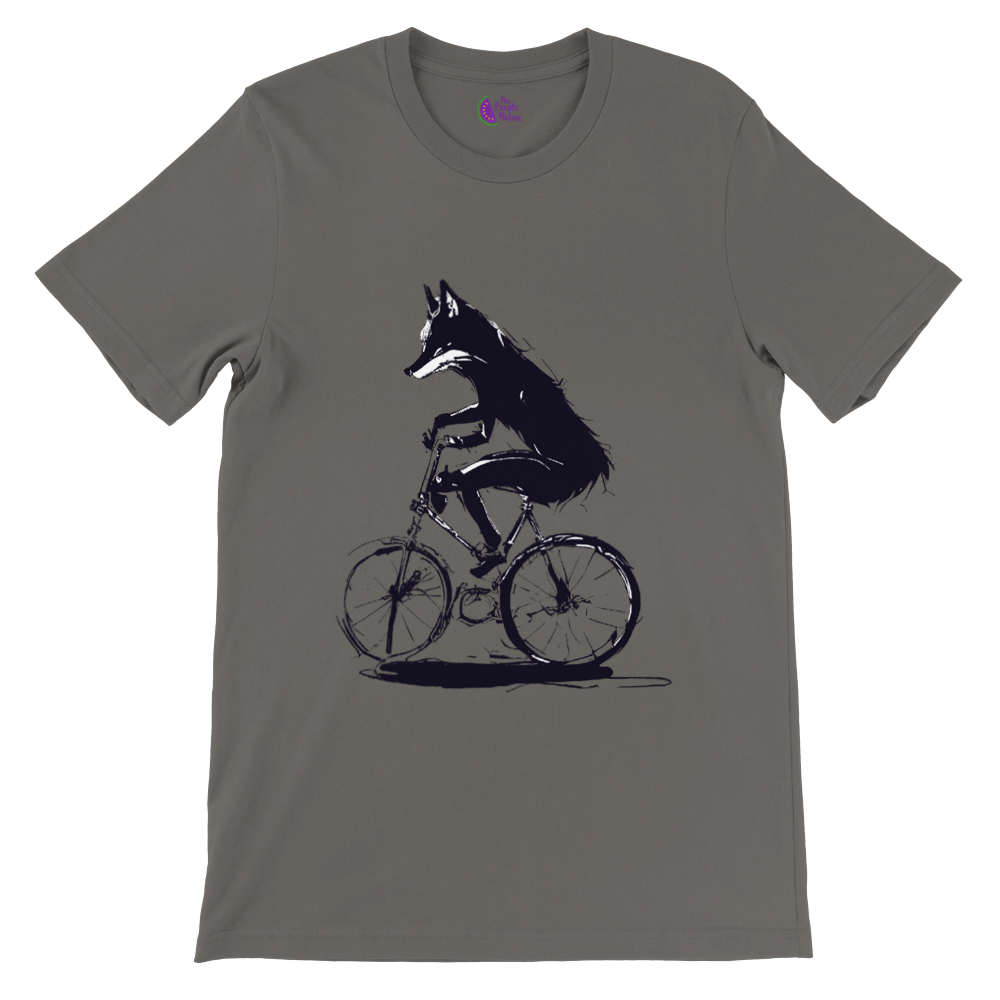 White t-shirt with a fox riding a bike print