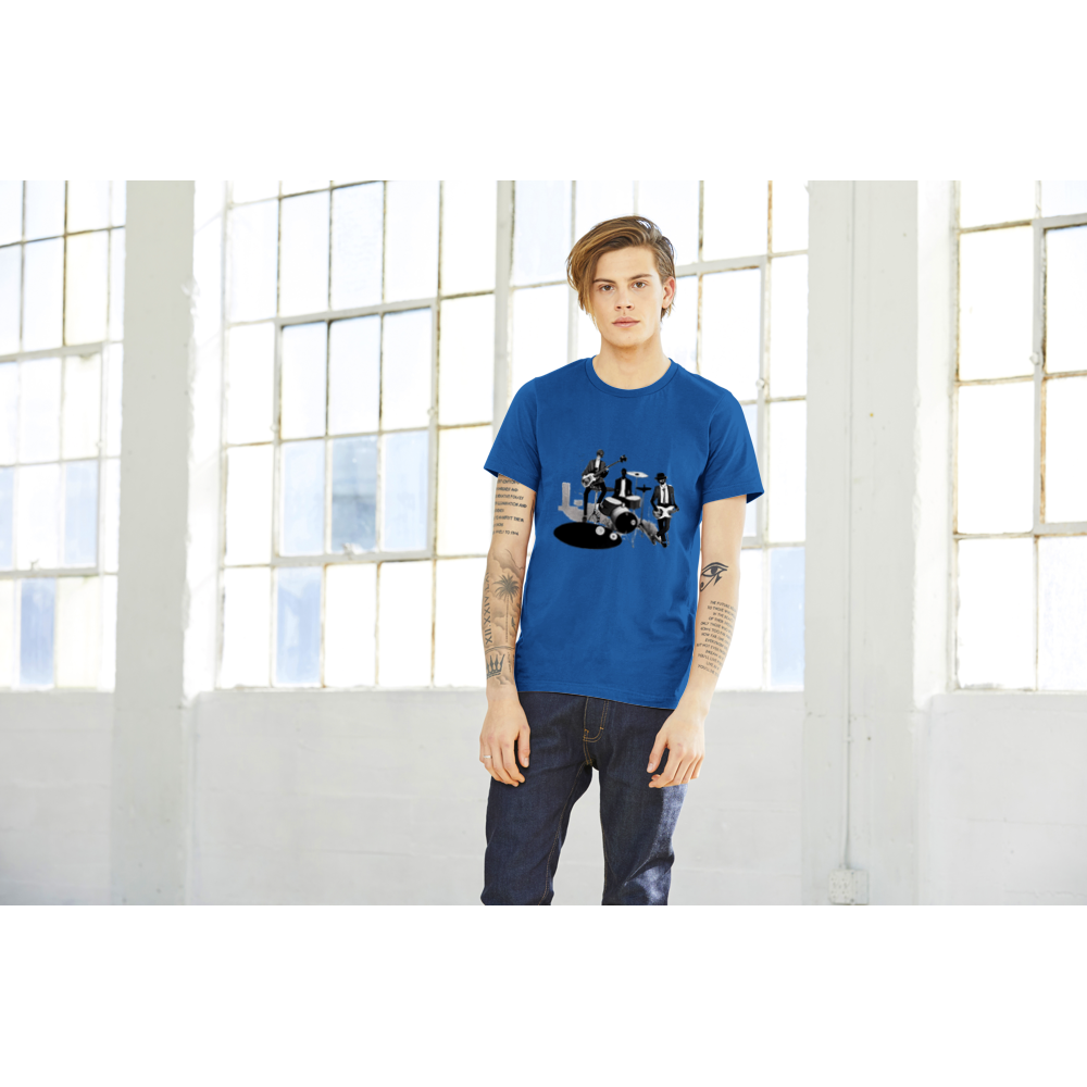 a man wearing a blue t-shirt with a jazz trio print