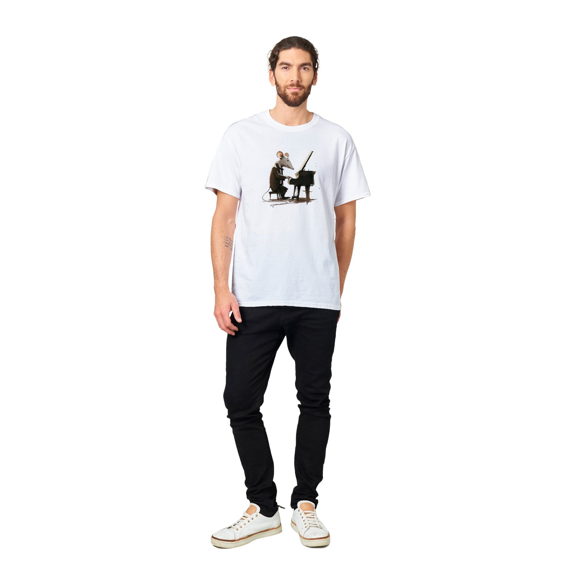 Guy wearing white t-shirt with a mouse playing a piano print
