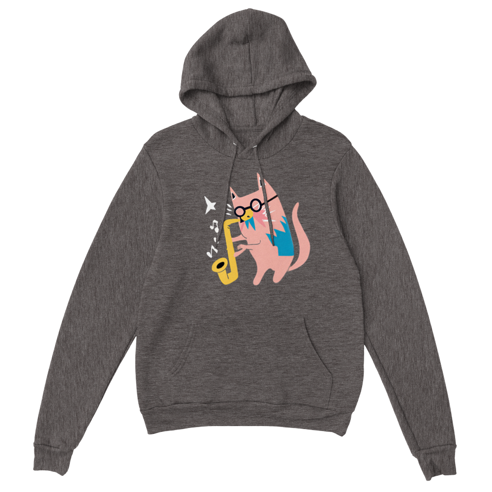 Pink Cat Playing a Saxophone Premium Unisex Pullover Hoodie.